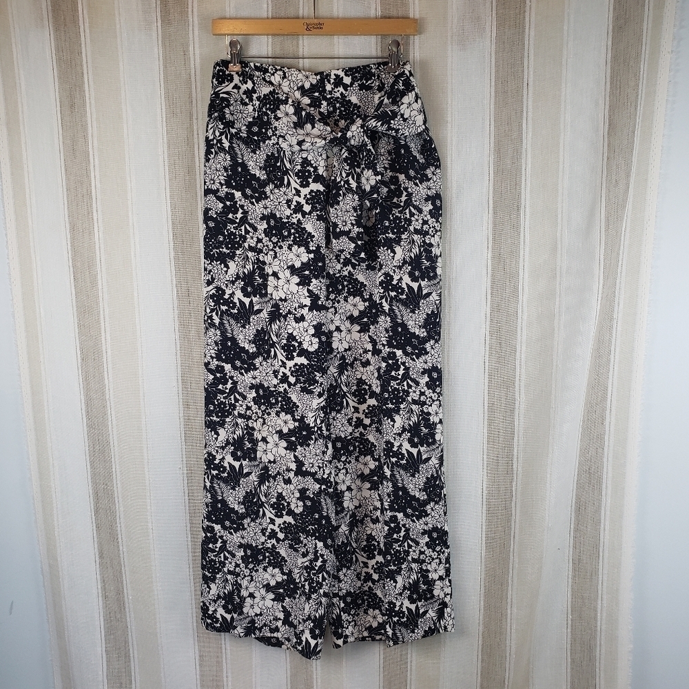 Ann Taylor Floral High Rise Wide Leg Pants Trousers Blue White Size Medium